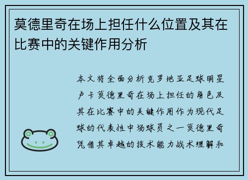 莫德里奇在场上担任什么位置及其在比赛中的关键作用分析