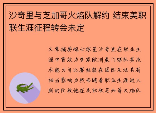 沙奇里与芝加哥火焰队解约 结束美职联生涯征程转会未定