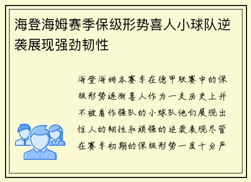 海登海姆赛季保级形势喜人小球队逆袭展现强劲韧性