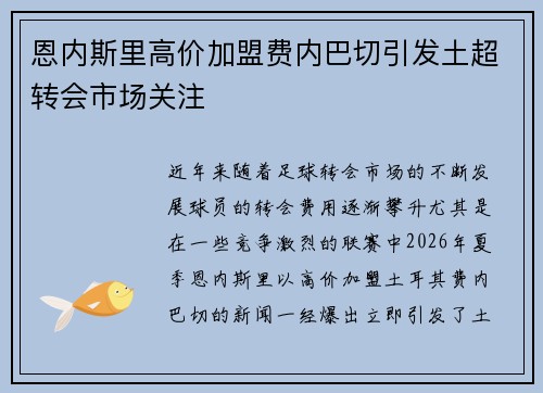 恩内斯里高价加盟费内巴切引发土超转会市场关注